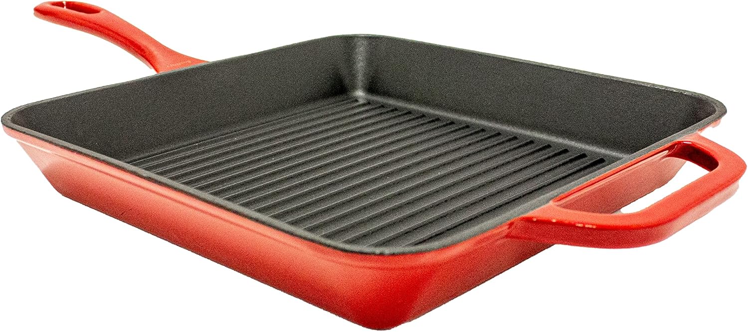 BergHOFF 2Pc Enameled Cast Iron 10' Fry Pan, 10' Grill Pan Set, Induction Cooktop Ready, Oven Safe Up to 400°F, Red