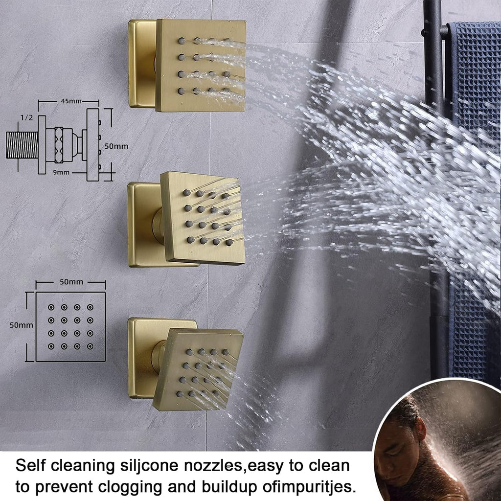 Thermosttic Shower Faucet Set Brushed Gold Shower System with 12 and 8 inch Rain Shower Head, 4 Body Jets, Handheld Spray