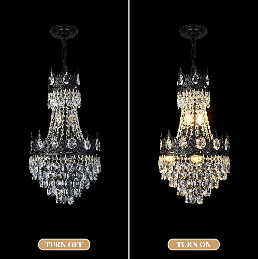 KoKo&Yukina Chandelier, 12'' Black French Empire Light Fixture, 6-Light K9 Crystal, Adjustable Hanging, for Hallway Entryway Kitchen Foyer