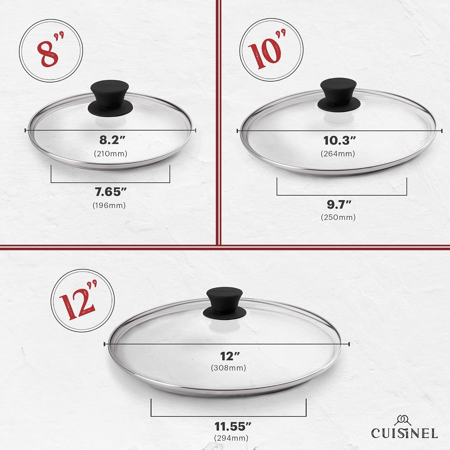 Cuisinel 8'+10'+12'-Inch Cast Iron Skillets Set with Glass Lids + Silicone Handle Holder Covers + Pan Scraper - Pre-Seasoned Oven Cookware - Use Indoor/Outdoor, Grill, Stovetop, Camping Fire, Oven