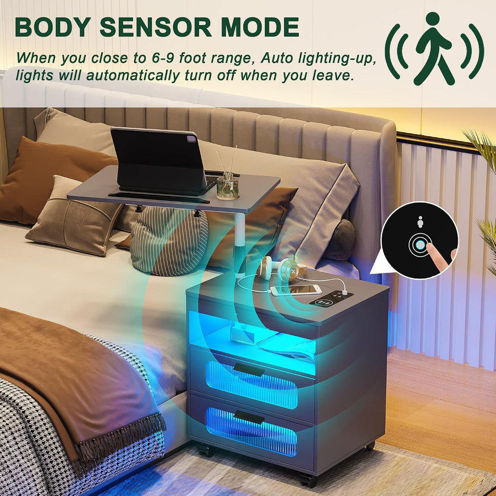 HNEBC LED Nightstand Set of 2 with Charging Station & Adjustable Overbed Desk, 3 Color LED Lights & Body Sensor, Mobile Bedside Table with Wheels, 2 Drawers & Open Shelf for Bedroom(Grey)