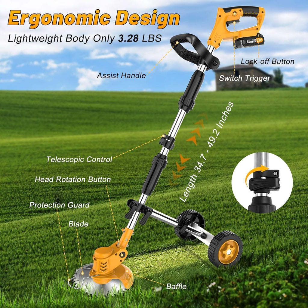 20000 RPM Electric Weed Wacker Cordless Weed Eater Battery Powered 21V, 4-in-1 Brush Cutter/String Trimmer/Grass Trimmer/Lawn Mower, 6″ Edger Stringless Weed Trimmer with Wheel & Blade,2 Battery