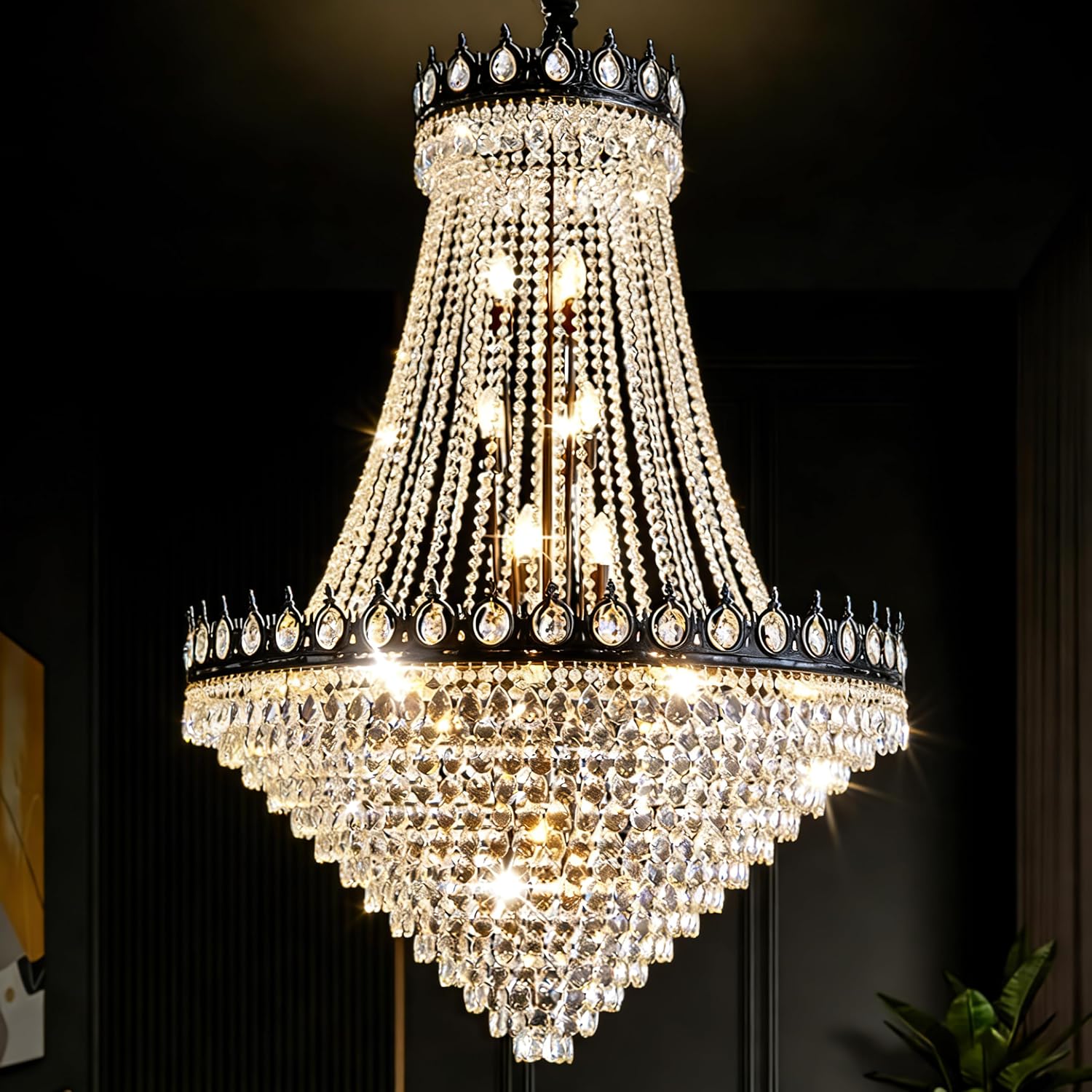 KoKo&Yukina 32' French Empire Crystals Chandelier 26 Light Black Crystal Chandeliers Modern Black Crystal Chandelier Round Large High Ceiling Sloped Hanging Light Fixtures for Hallway Staircase