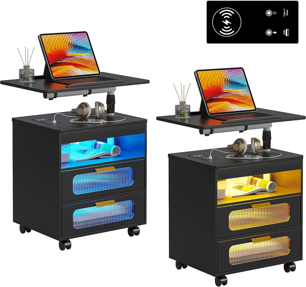 HNEBC LED Nightstand Set of 2 with Charging Station & Adjustable Overbed Desk, 3 Color LED Lights & Body Sensor, Mobile Bedside Table with Wheels, 2 Drawers & Open Shelf for Bedroom (Black)