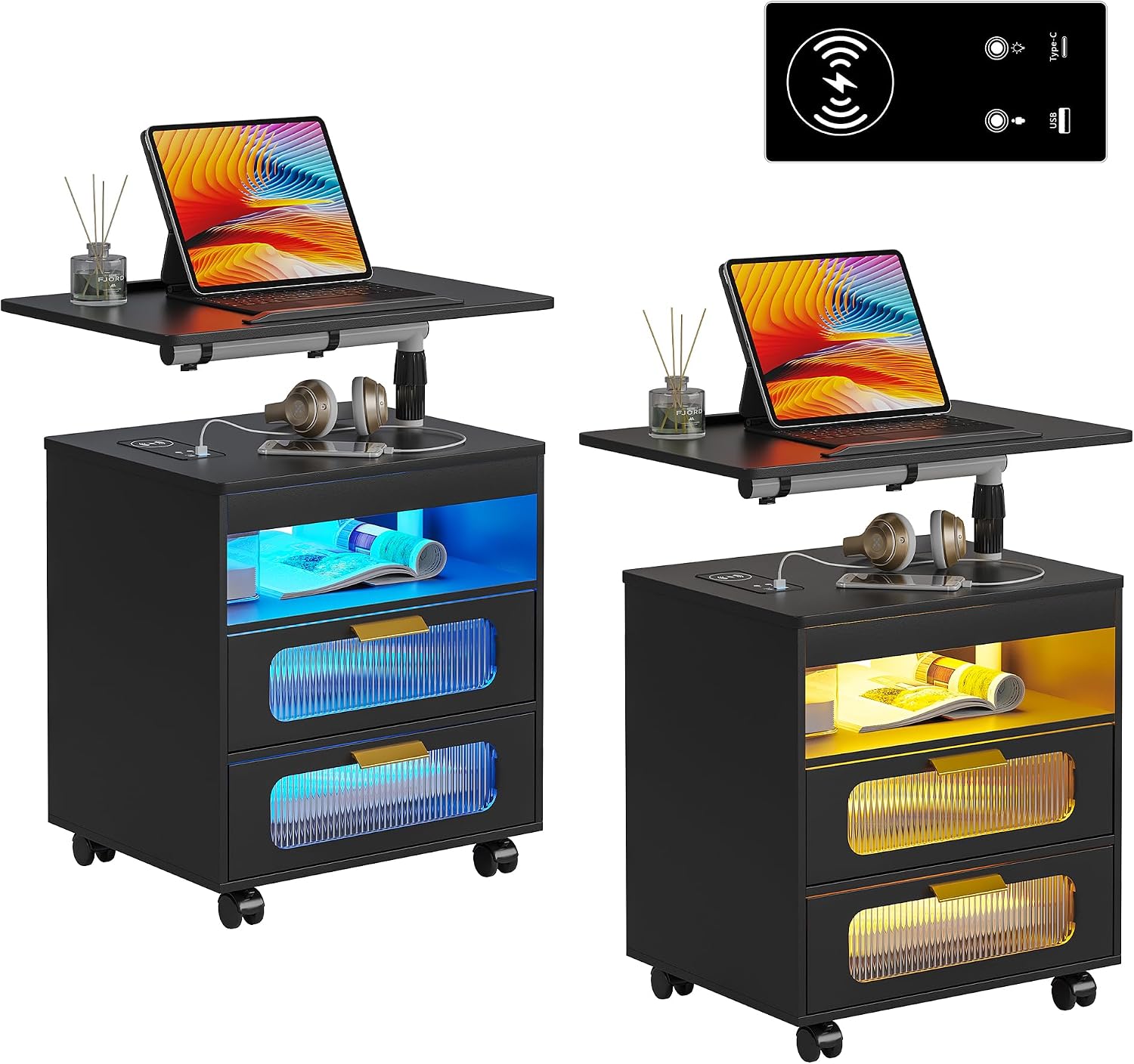 HNEBC LED Nightstand Set of 2 with Charging Station & Adjustable Overbed Desk, 3 Color LED Lights & Body Sensor, Mobile Bedside Table with Wheels, 2 Drawers & Open Shelf for Bedroom (Black)