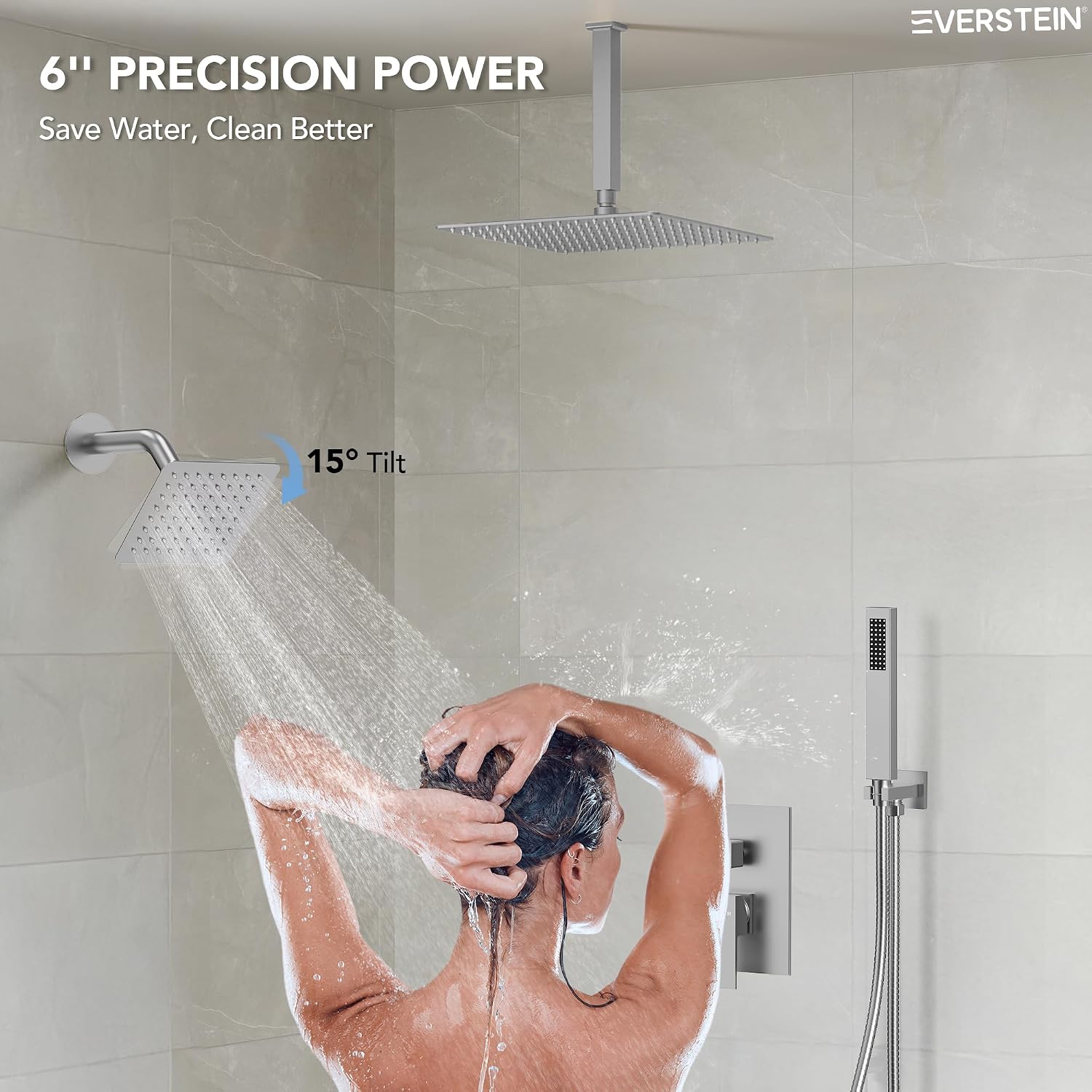 10' High-Pressure Rainfall Shower Faucet, Celling Mount Dual Shower Head System, Brushed Nickel