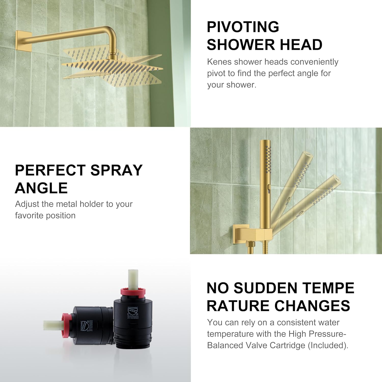 KENES Brushed Gold Rainfall Bathroom Shower System Rain Shower Head and Handle Set, Shower Faucet Set with 10-Inch Rain Showerhead and Handheld Spray, (Shower Valve Included), LJ-6026A-4