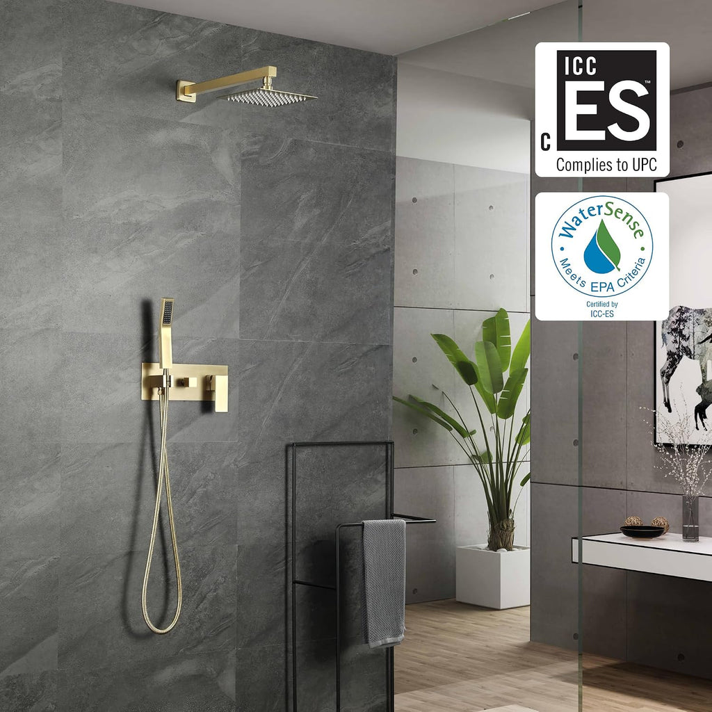 SUMERAIN Brushed Gold Rain Shower System with Handheld Shower, Pressure Balancing Shower Mixer Valve