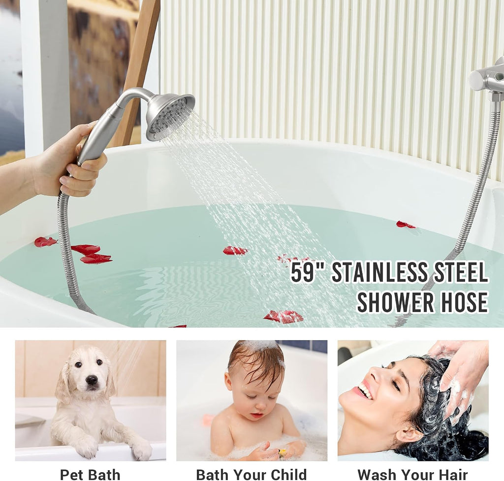 DASAN Antique Wall Mount Tub Filler Faucet with Hand Held Shower, Brushed Nickel Bathtub Faucet with Sprayer Wall Mounted Roman Bath Tub Faucet Set with High Flow Rough in Valve, AT201TF-BN