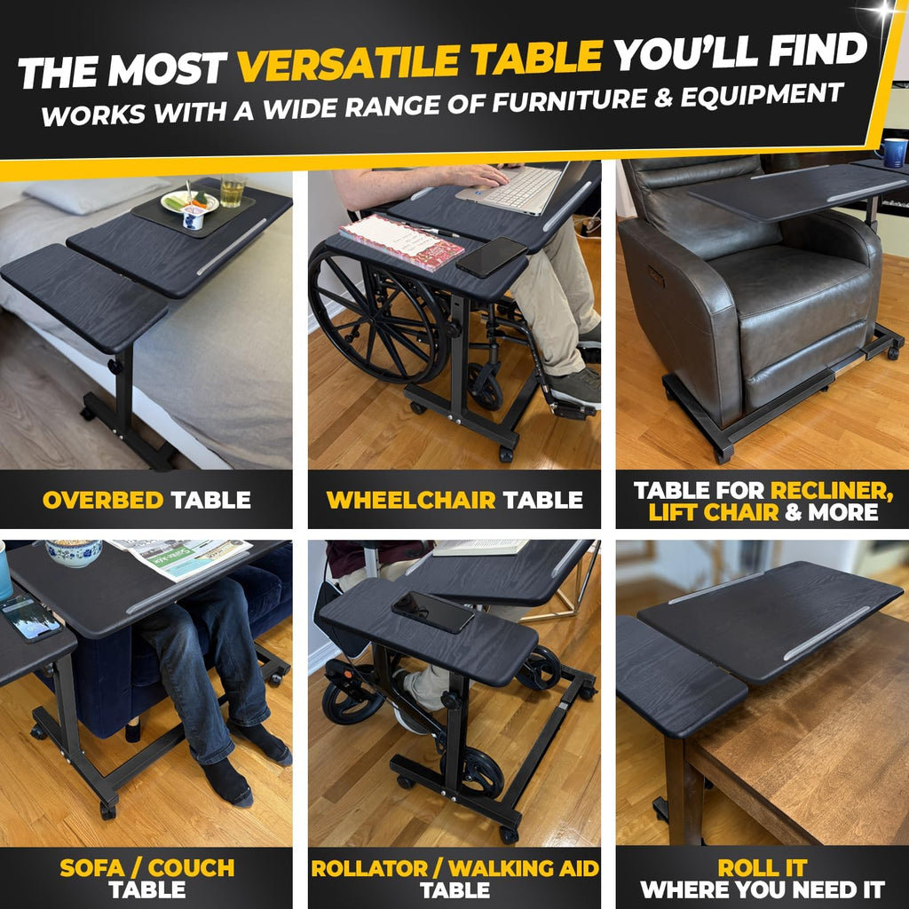 Recliner Table, Over the Bed Table with Wheels, Adjustable Width & Height, with Split Tilt Design & 4 Caster Wheels with Brakes (Black Oak Tabletop, Black Base)