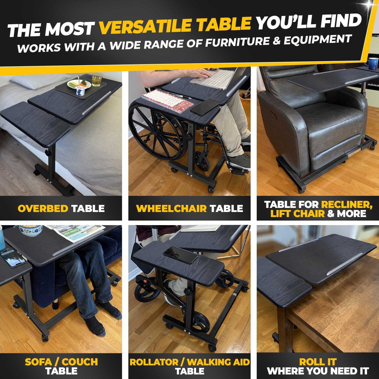 Recliner Table, Over the Bed Table with Wheels, Adjustable Width & Height, with Split Tilt Design & 4 Caster Wheels with Brakes (Black Oak Tabletop, Black Base)
