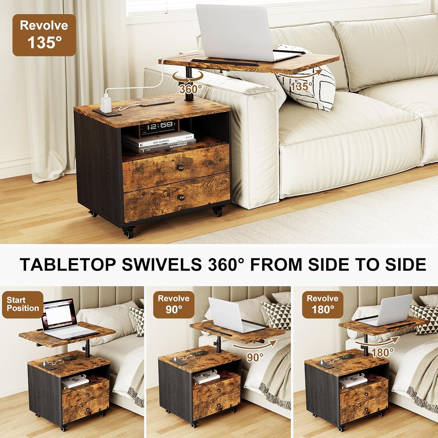 Bedroom Nightstand with Drawers & Charging Station, Adjustable Height Bedside Table with Wheels, Wooden Small Sofa Side Tables with Storage for Living Room, Rustic Brown