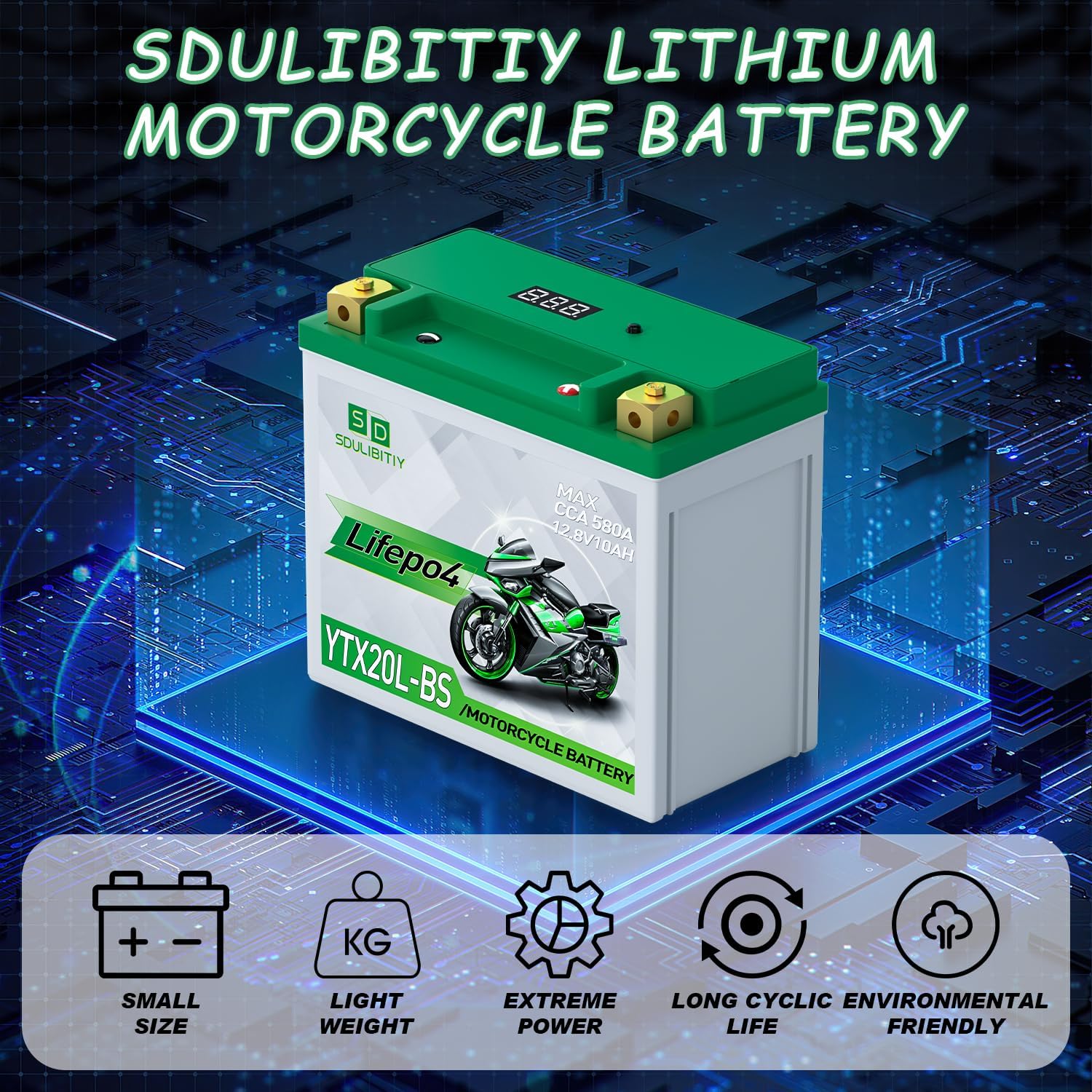 Lithium Motorcycle Battery LiFePO4 YTX20L-BS 12.8V 10Ah 580-750CCA Powersports Battery For Motorcycle Compatible ATV, UTV, Jet Ski, 4 wheeler, Scooter, PWC, Seadoo, Polaris and Generator Battery