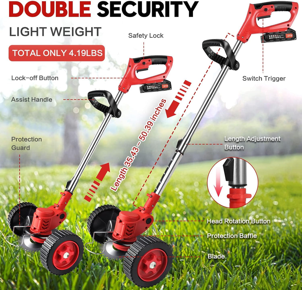 Cordless Weeder Mower Battery Powered 21V 2000mAh, Electric Weeder Brush Cutter, Height Adjustable Edge Trimmer mini Mower 3-in-1 Cutting Tool, 8 Blades, 1 Wheel, 2 Batteries, 1 Charger