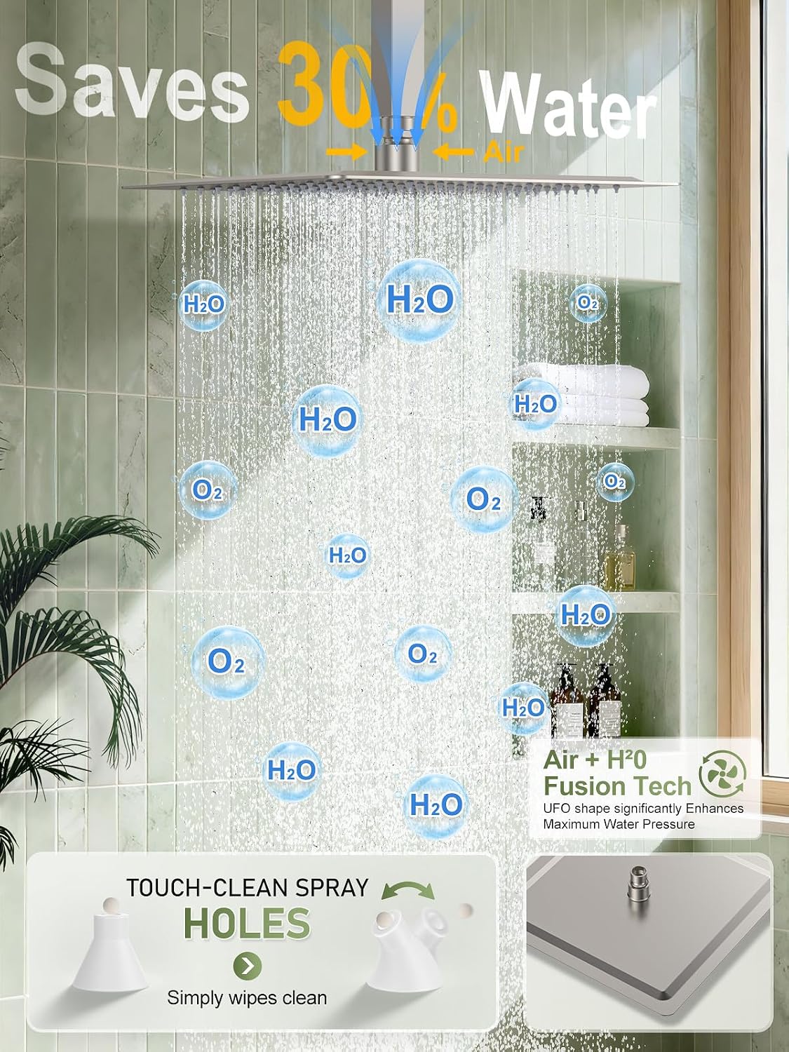 Woindo Shower Faucet Set, 10' Ceiling Mount Rainfall Shower System with 2 Rain Shower Head and Multi-function Handheld Head Push Button Diverter Shower Faucet Trim Kit