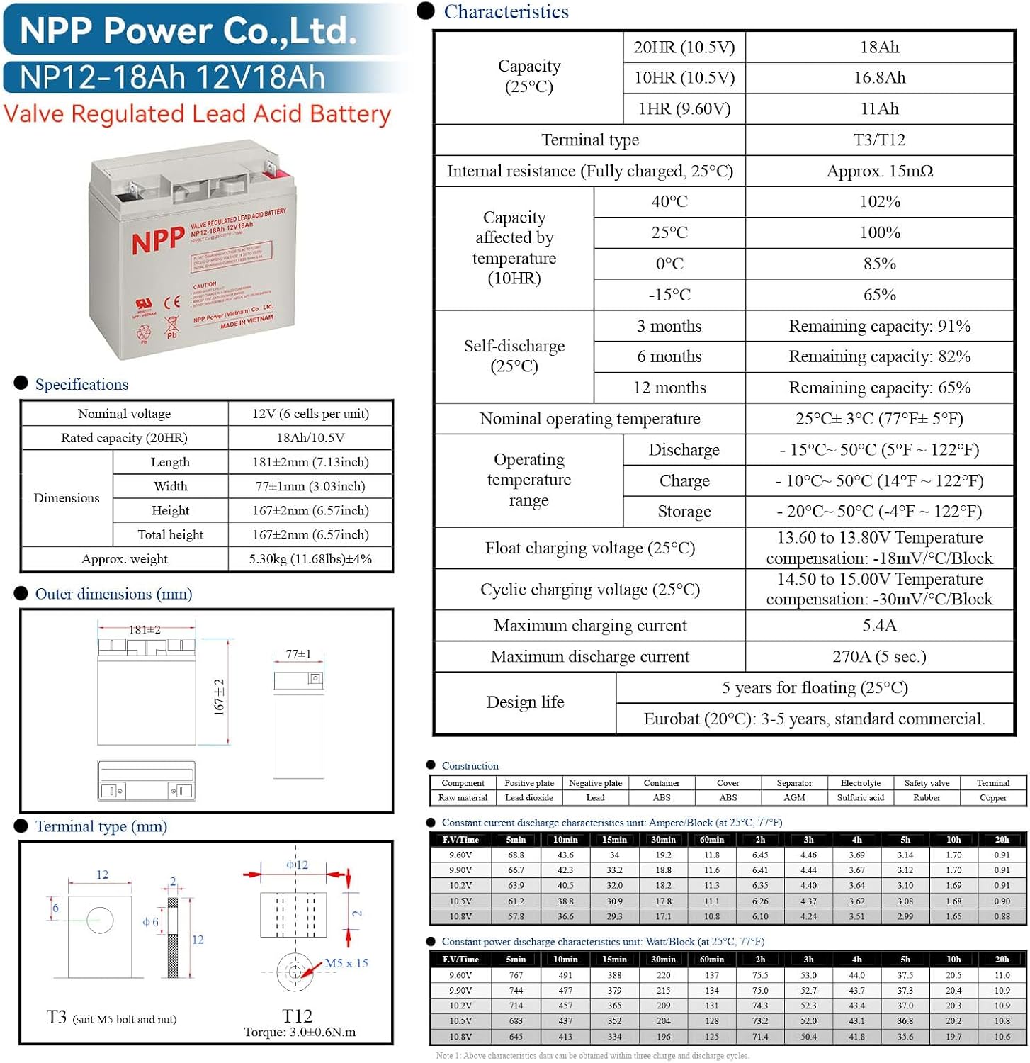 NPP NP12-18Ah (Nut & Bolt, 2 Pcs) NB Terminal 12V 18Ah SLA AGM Rechargeable Battery