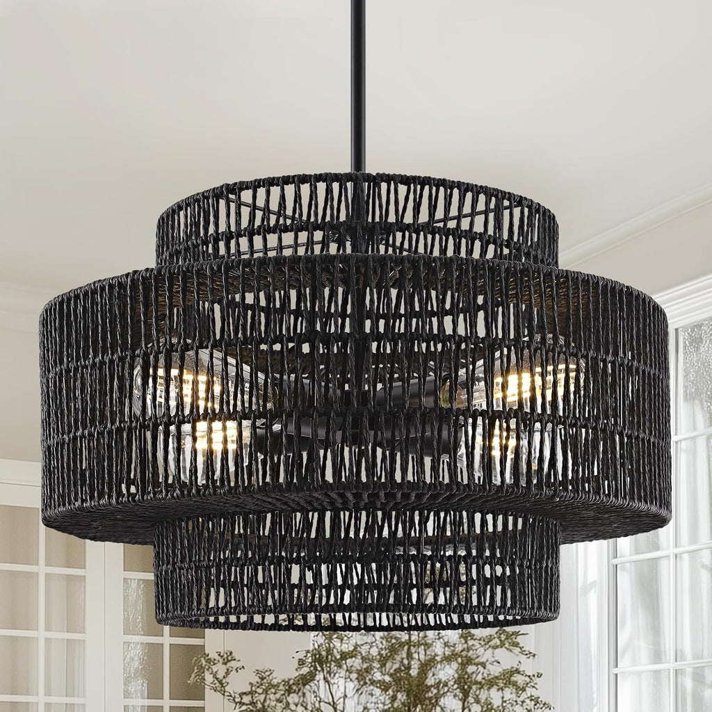 4-Light Black Boho Rattan Chandelier Light Fixture, 17.7' Hand Woven Rustic Chandeliers Farmhouse Chandelier Hanging Light for Dining Room Kitchen Island, Living Room, Foyer