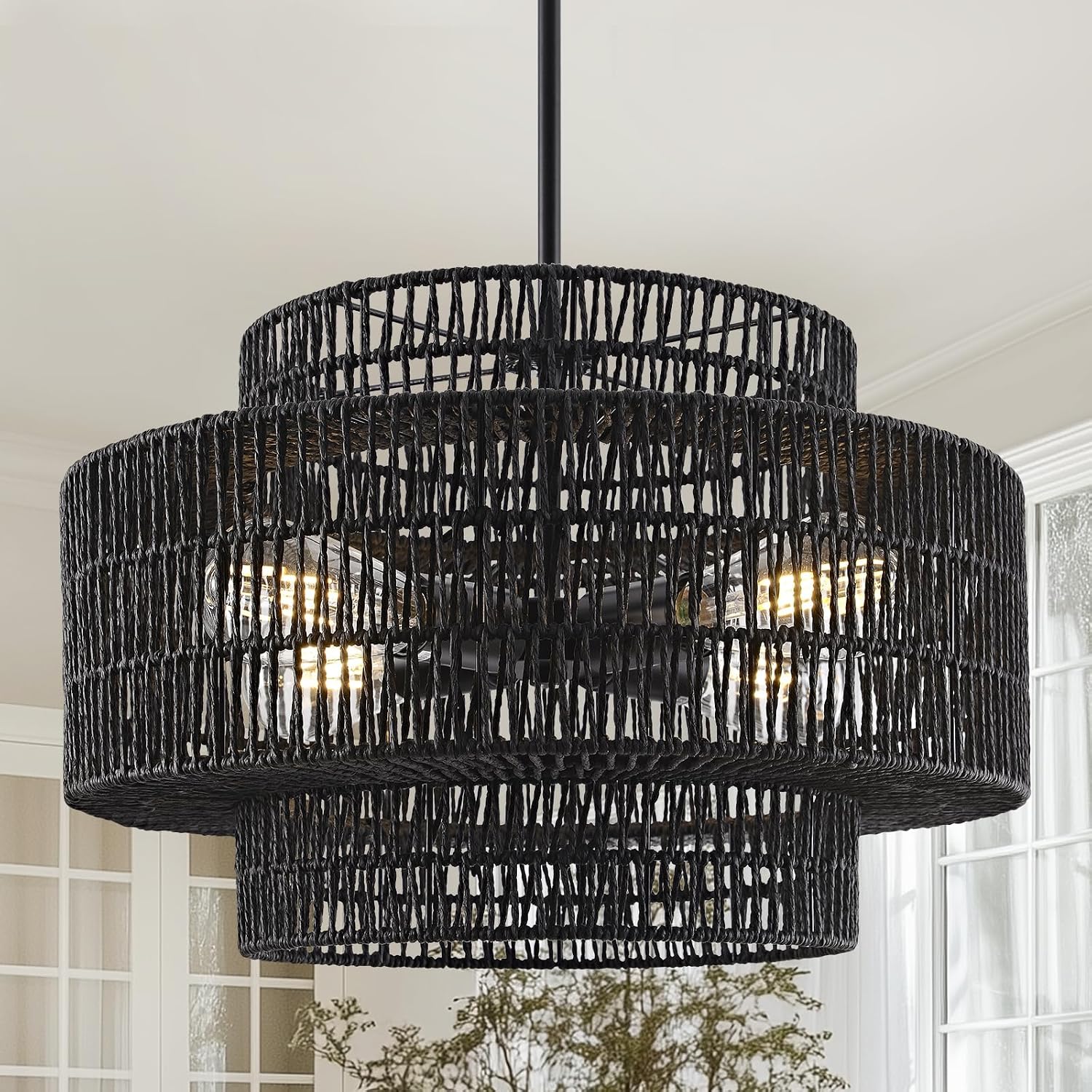 4-Light Black Boho Rattan Chandelier Light Fixture, 17.7' Hand Woven Rustic Chandeliers Farmhouse Chandelier Hanging Light for Dining Room Kitchen Island, Living Room, Foyer
