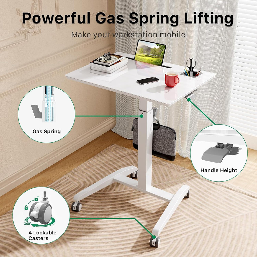Gibbon Mounts Glass Mobile Standing Desk, Height Adjustable Rolling Laptop Table, 27 inches Portable Sit Stand Desk with Wheels and Hook, Pneumatic Computer Workstation, White