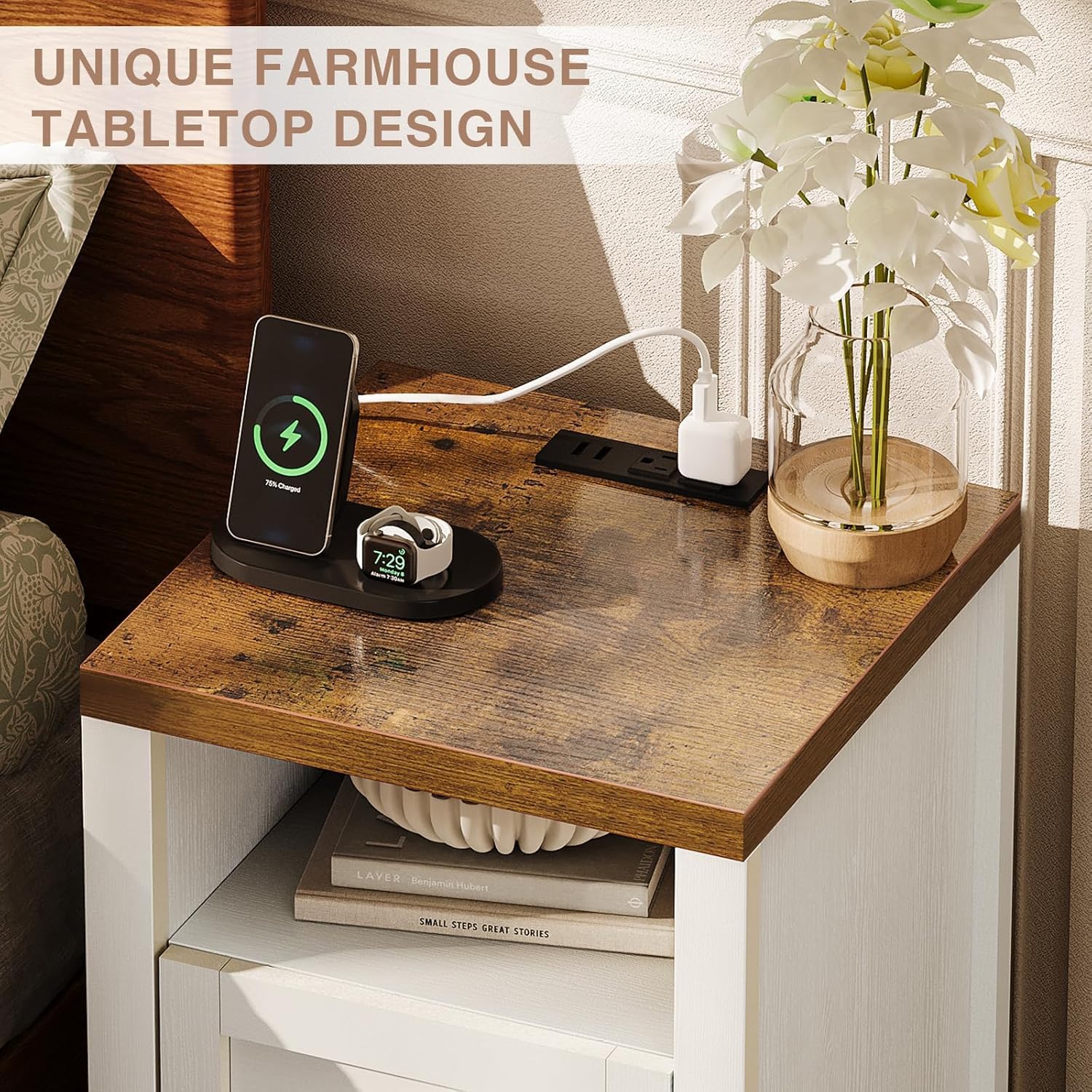 oneinmil End Table with Charging Station, Farmhouse Nightstand with Barn Door, Sofa Side Table with Storage Space 2-Piece Set, Suitable for Livingroom and Bedroom,White