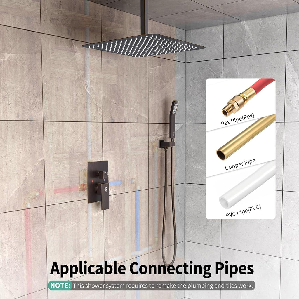 SR SUN RISE 16 Inches Oil Rubbed Bronze Shower Faucets Sets Complete Bathroom Rain Mixer Shower System Ceiling Mounted Rainfall Shower Head System (Contain Shower Faucet Rough-In Valve Body and Trim)
