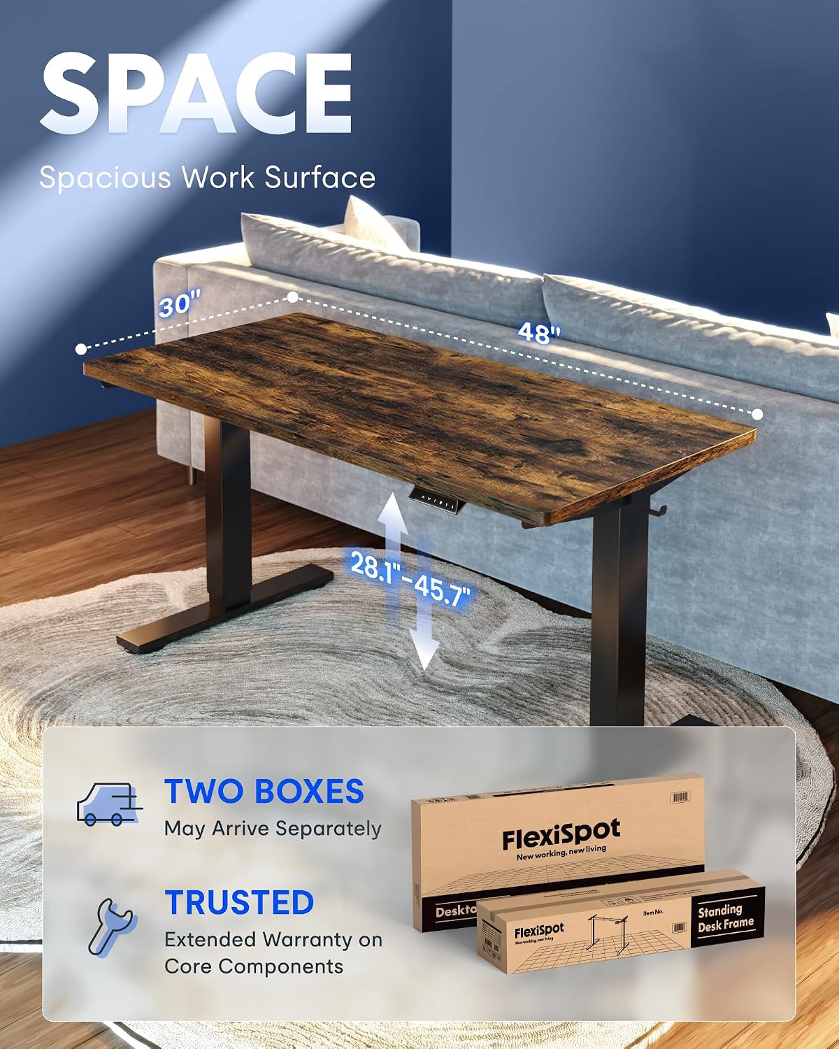 FLEXISPOT EN1 One-Piece Standing Desk, Electric Adjustable with 4 Memory Presets, 176 LBS Capacity, Stable & Quiet, Seamless Desktop for Home Office & Dual Monitors, 48'x30' Rustic Brown