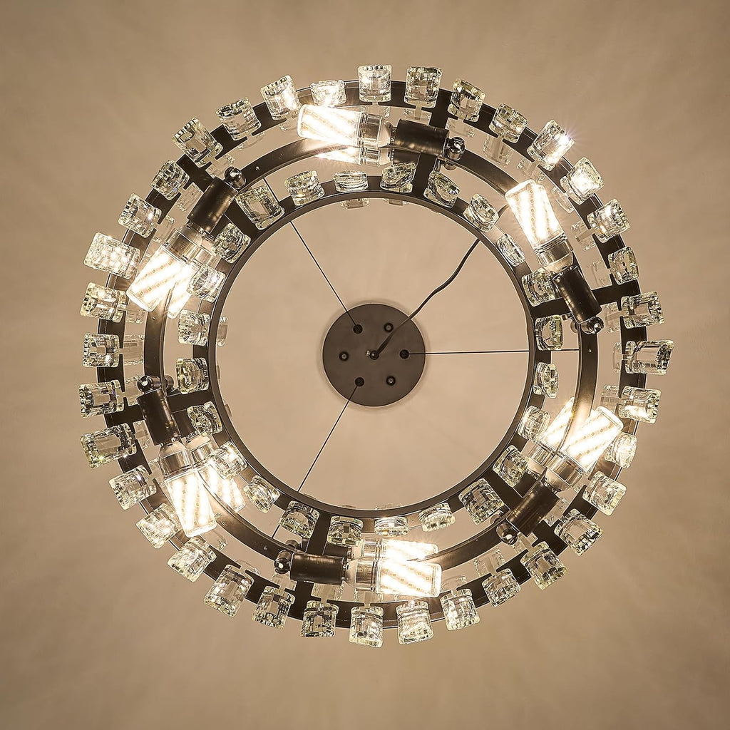 Round Crystal Chandeliers, D19.7 inch 12-Light Black Chandelier Lighting Fixture, Height Adjustable Pendant Ceiling Light for Living Room Dining Room Bedroom