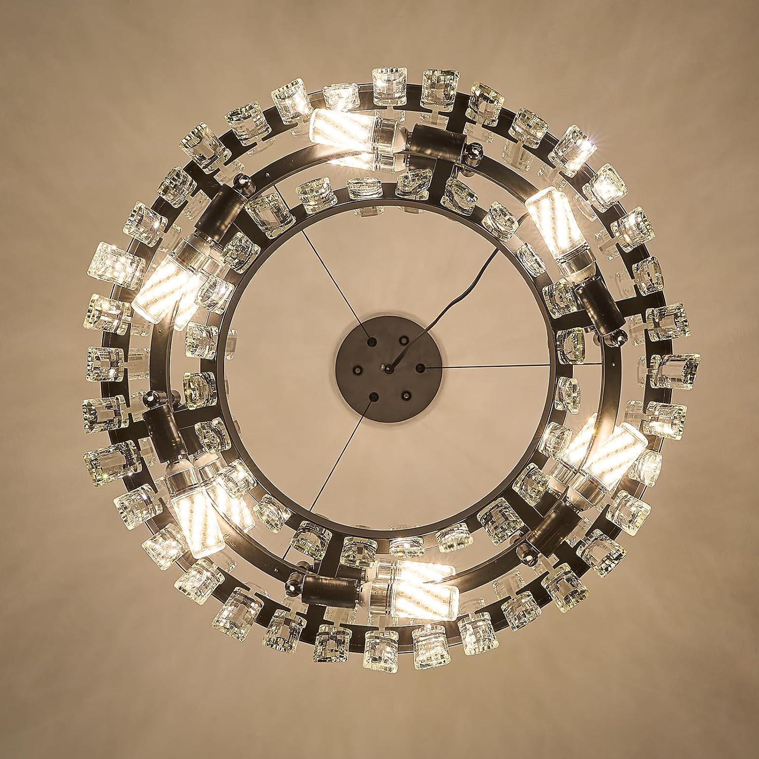 Round Crystal Chandeliers, D19.7 inch 12-Light Black Chandelier Lighting Fixture, Height Adjustable Pendant Ceiling Light for Living Room Dining Room Bedroom