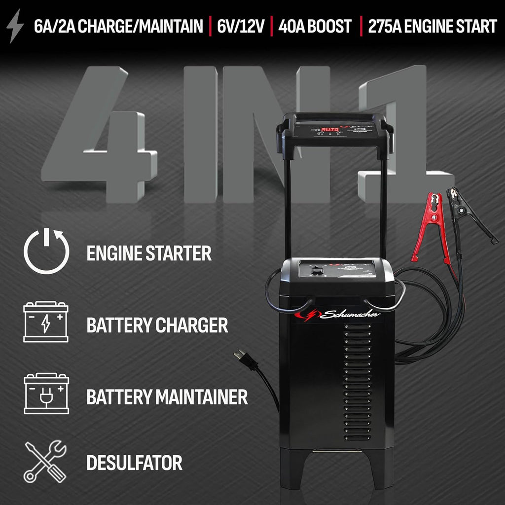 Schumacher Electric Wheeled Automatic 6A Car Battery Charger and 275A Engine Starter, 6-in-1 Solution, Maintainer, 40A Boost, for 6V/12V Power Sport, Automotive, and Marine Batteries, SC1326