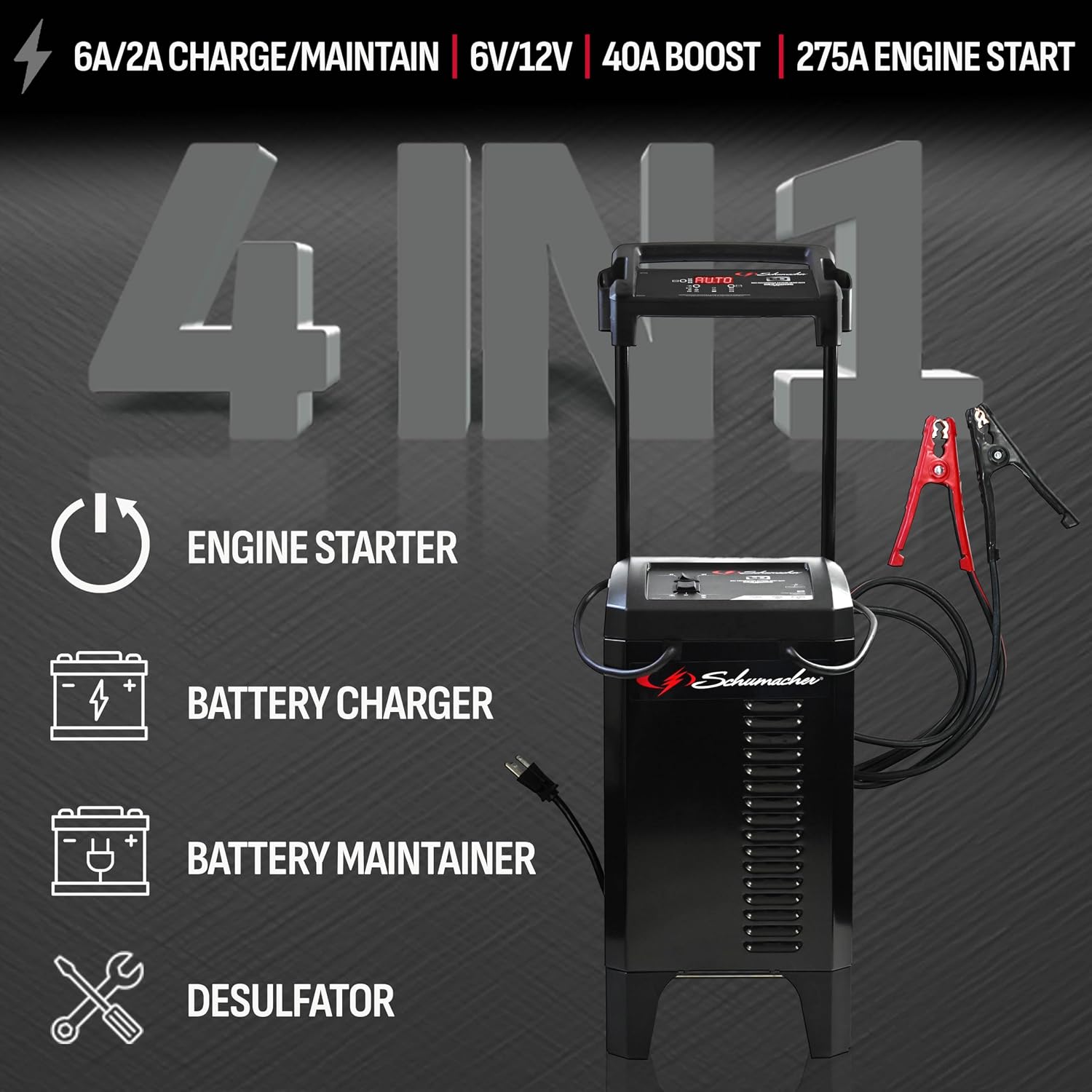 Schumacher Electric Wheeled Automatic 6A Car Battery Charger and 275A Engine Starter, 6-in-1 Solution, Maintainer, 40A Boost, for 6V/12V Power Sport, Automotive, and Marine Batteries, SC1326