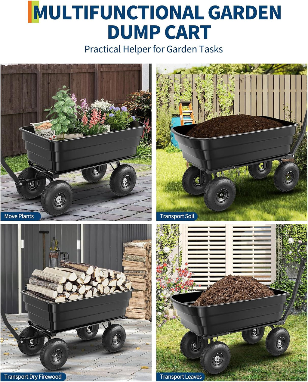 GarveeLife Poly Dump Cart - Heavy Duty 1200lbs Garden Cart with Quick-Release Dumping 13' Tires, Utility Wagon for Yard Work, Landscaping, Gardening
