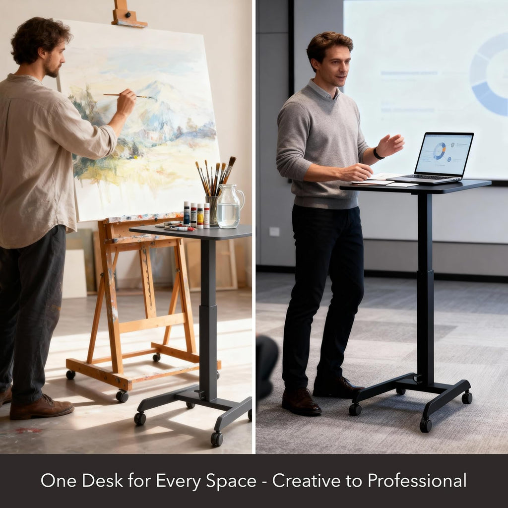 Mount-It! Rolling Laptop Desk Adjustable Height (29.6'-44.2'), Mobile Workstation Cart with 23.6' x 20.5' Desktop, Small Sit-Stand Desk for Home, Office, or Classroom in Black