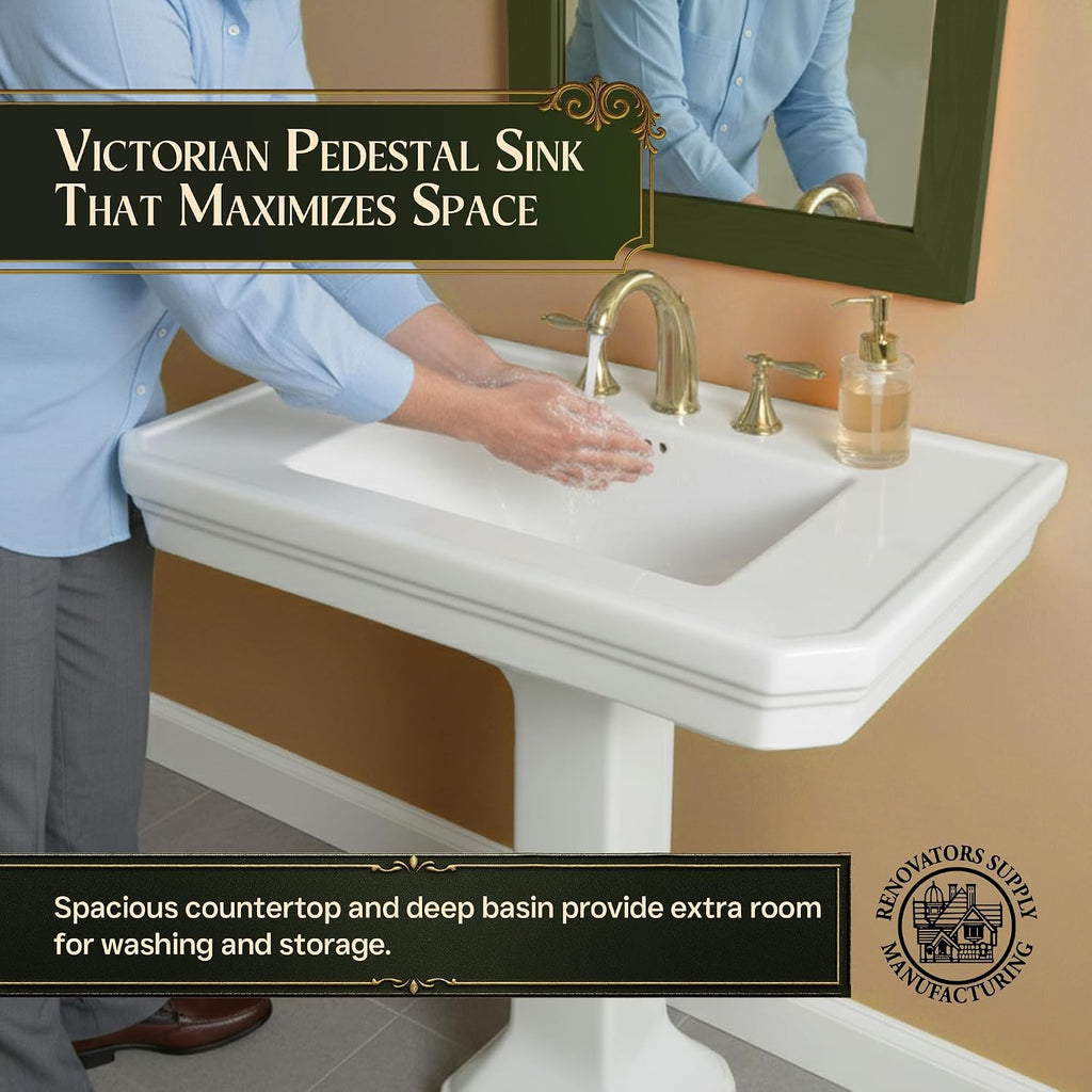 Renovators Supply Manufacturing Victorian 32' W x 34.5' H x 22' Proj. Large White Bathroom Pedestal Sink, Vitreous China, with Overflow, Compatible with 8 in. Widespread Faucets