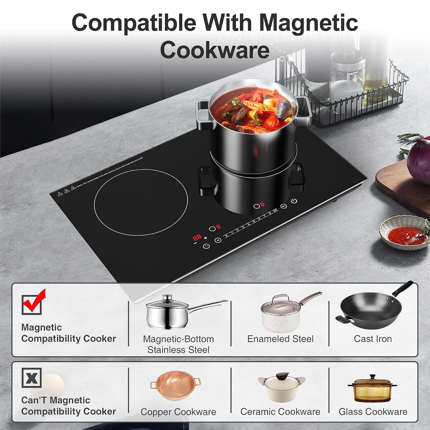 VBGK Double Induction Cooktop and Single Electric Stove Top Burner, 110V Electric Burner with 9 Heating Level,LCD Touch Screen,Child Safety Lock & Timer