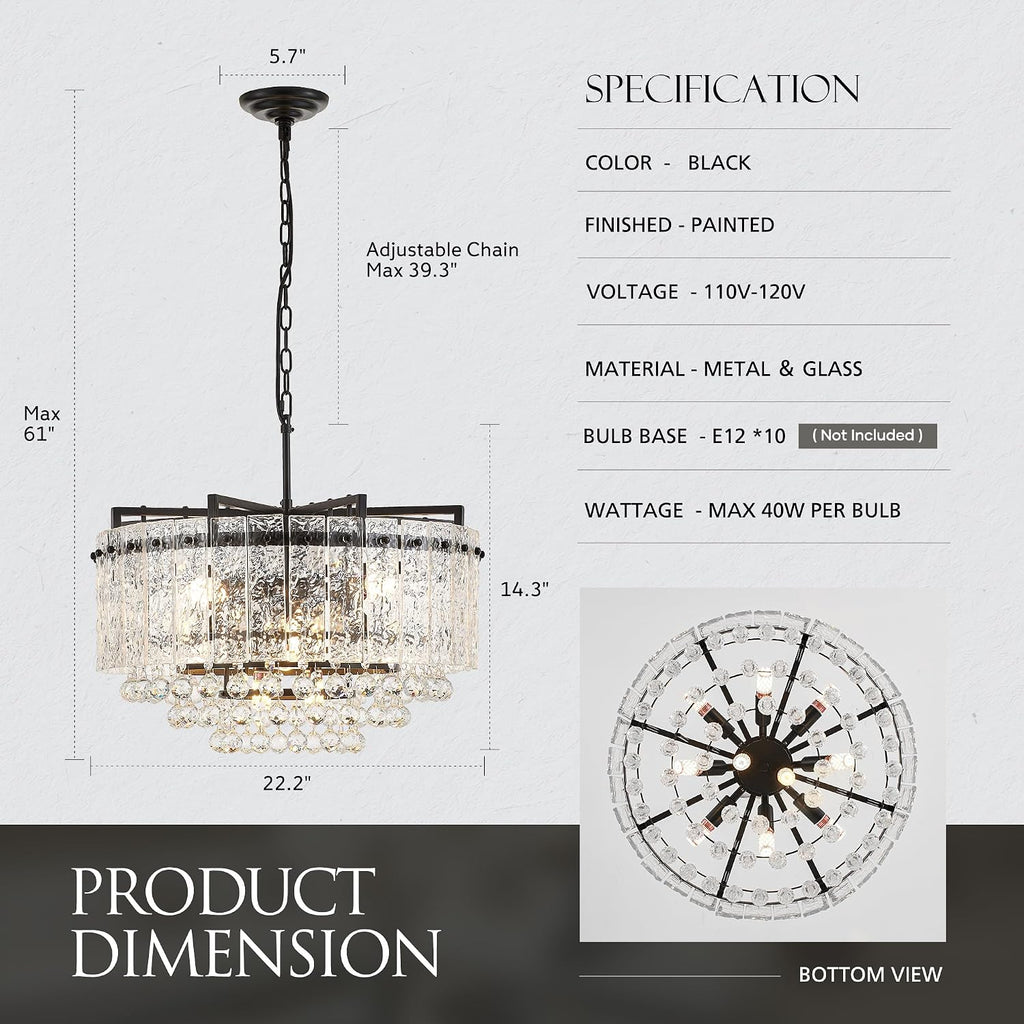 22.2' 10-Light Modern Glass Chandelier Light Fixtures Black 3-Tier Crystal Beads Chandeliers for Dining Room Round Hanging Ceiling Pendant Lighting for Kitchen Island Entryway Foyer Hallway