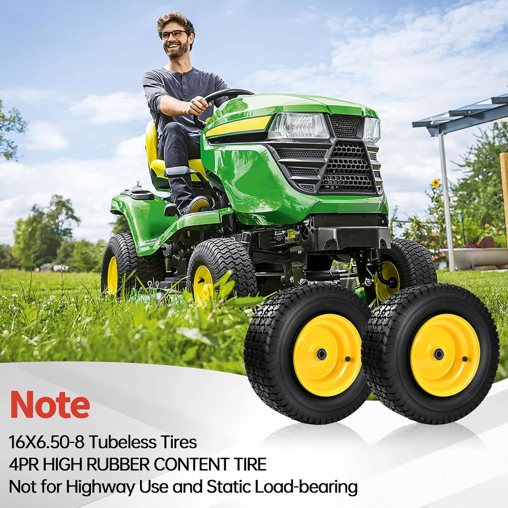 2 PCS 16x6.50-8 Tubeless Tire and Wheel, 3'-5'Offset Hub,with 3/4'Bearing 1'Bushing, Universal Fit Riding Lawn Mowers and Garden Tractor Front Wheel Assembly,4 Ply 16x6.5-8 Lawn Mower Tires,35 Psi