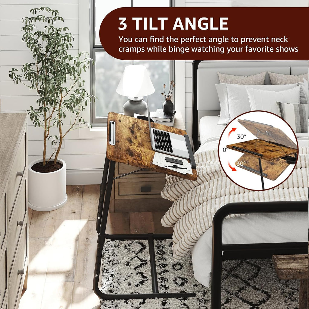TV Trays Set of 4 - Folding TV Tray Adjustable Dinner Trays for Eating On Couch Wooden Tables Mate Stand Foldable Rustic Desk with Cup Holder Portable