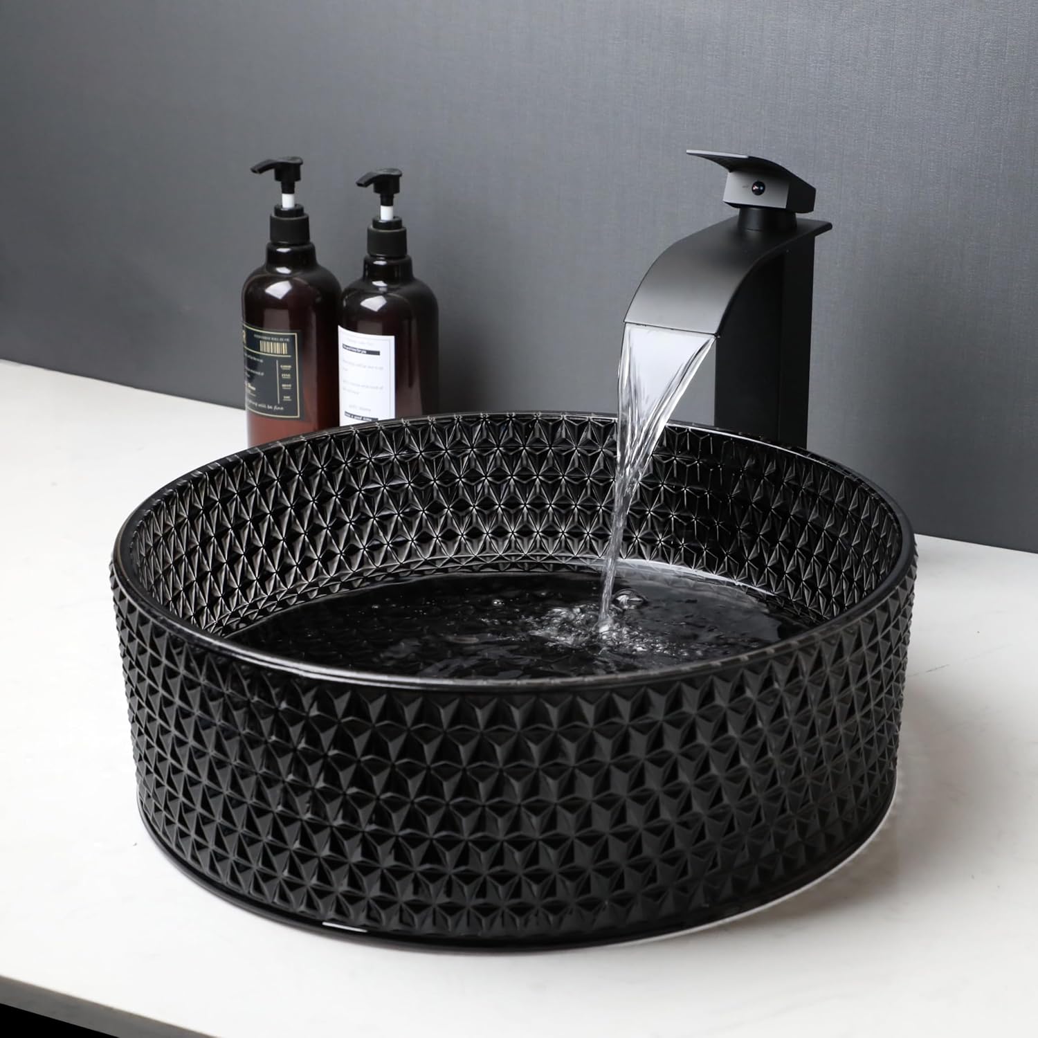 Black Crystal Bathroom Vessel Sink with Waterfall Faucet and Drain Combo,16 Inch Diamond Shaped Tempered Glass Sink Above Counter Round Bathroom Sink Bowl Art Basin