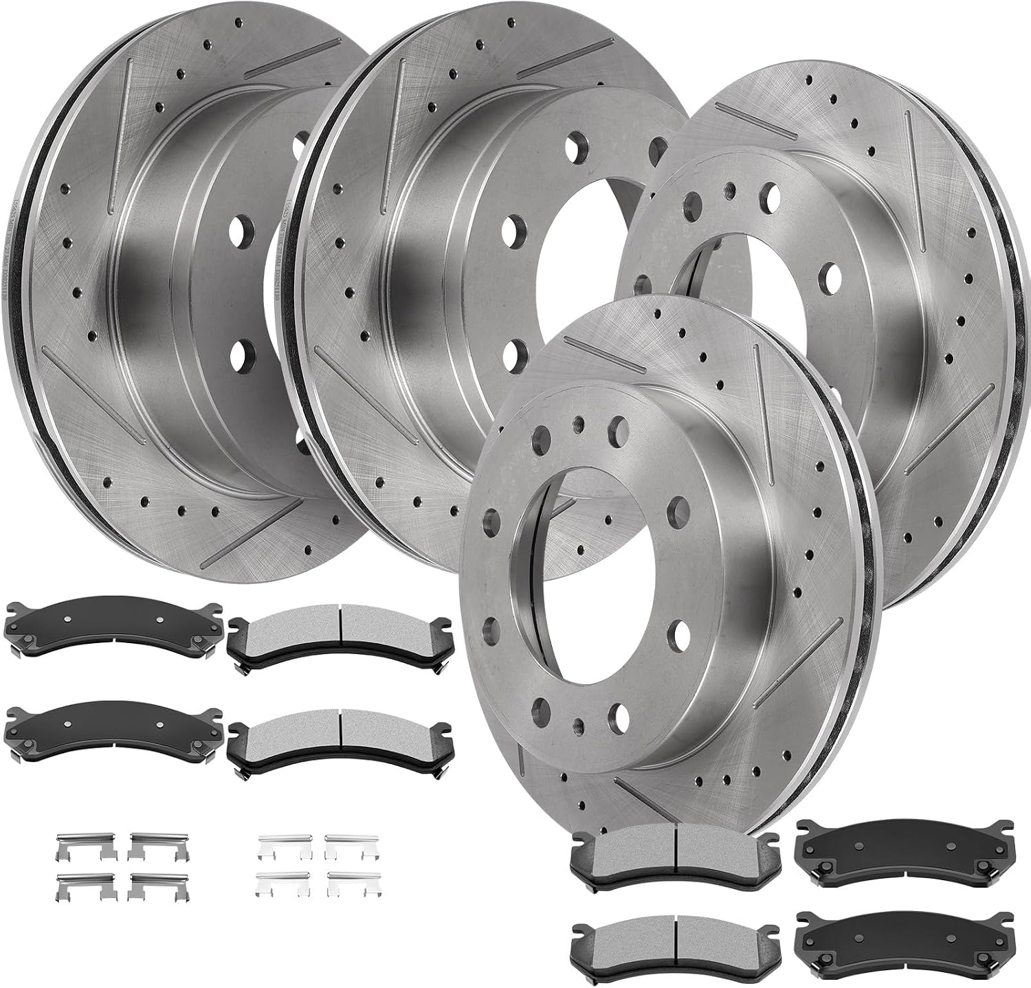SCITOO Brake Kits For Chevy For Avalanche 2500 For Silverado 2500,For GMC For Sierra 2500 Front Rear Drilled & Slotted Disc Brakes Rotors and Semi Metallic Brakes Pads 55072;55055;D784;D785
