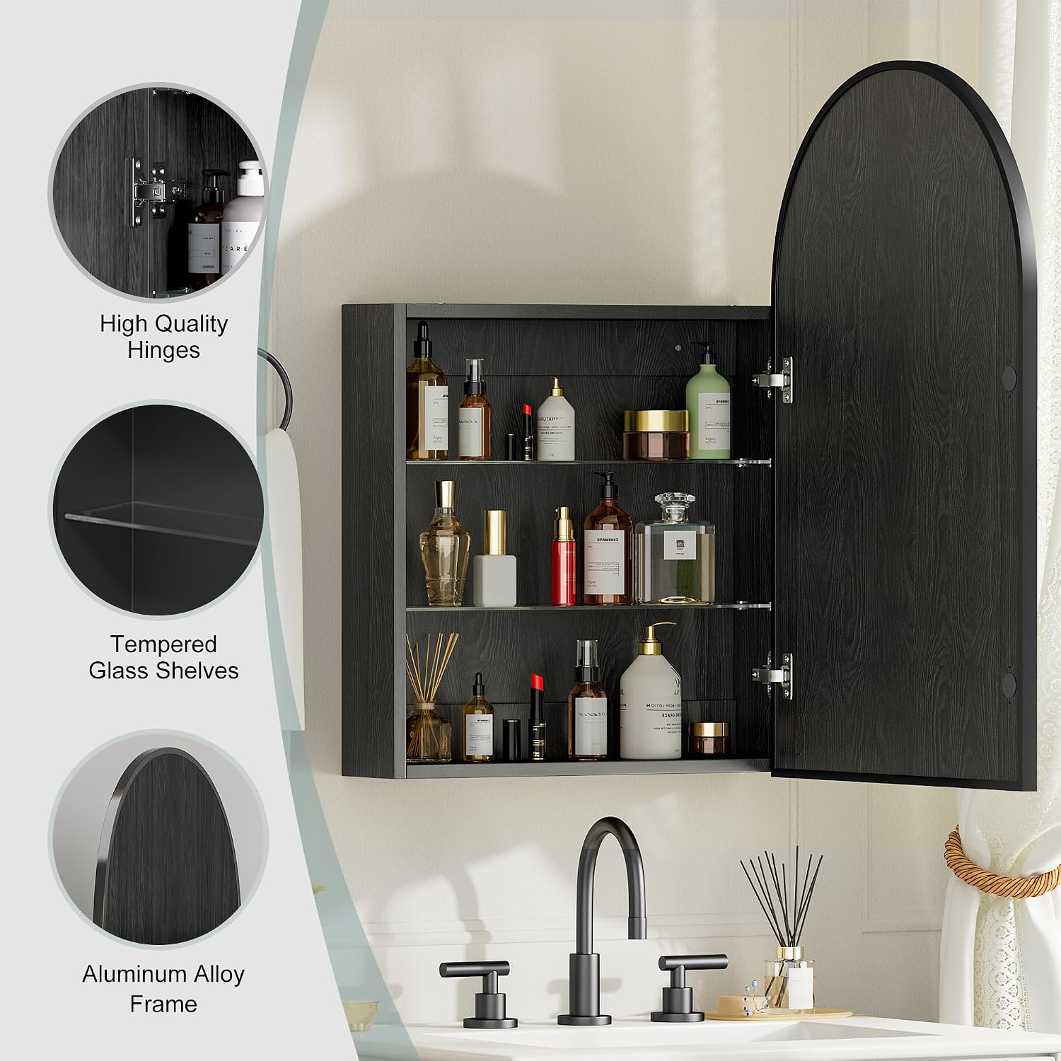 Brushed Black Arched Medicine Cabinet with Mirror, Wall Mount Bathroom Storage Cabinet, Surface Mount, Reversible Left/Right Opening Door, Modern Metal Framed Mirror Cabinet, 20 x 30 Inch