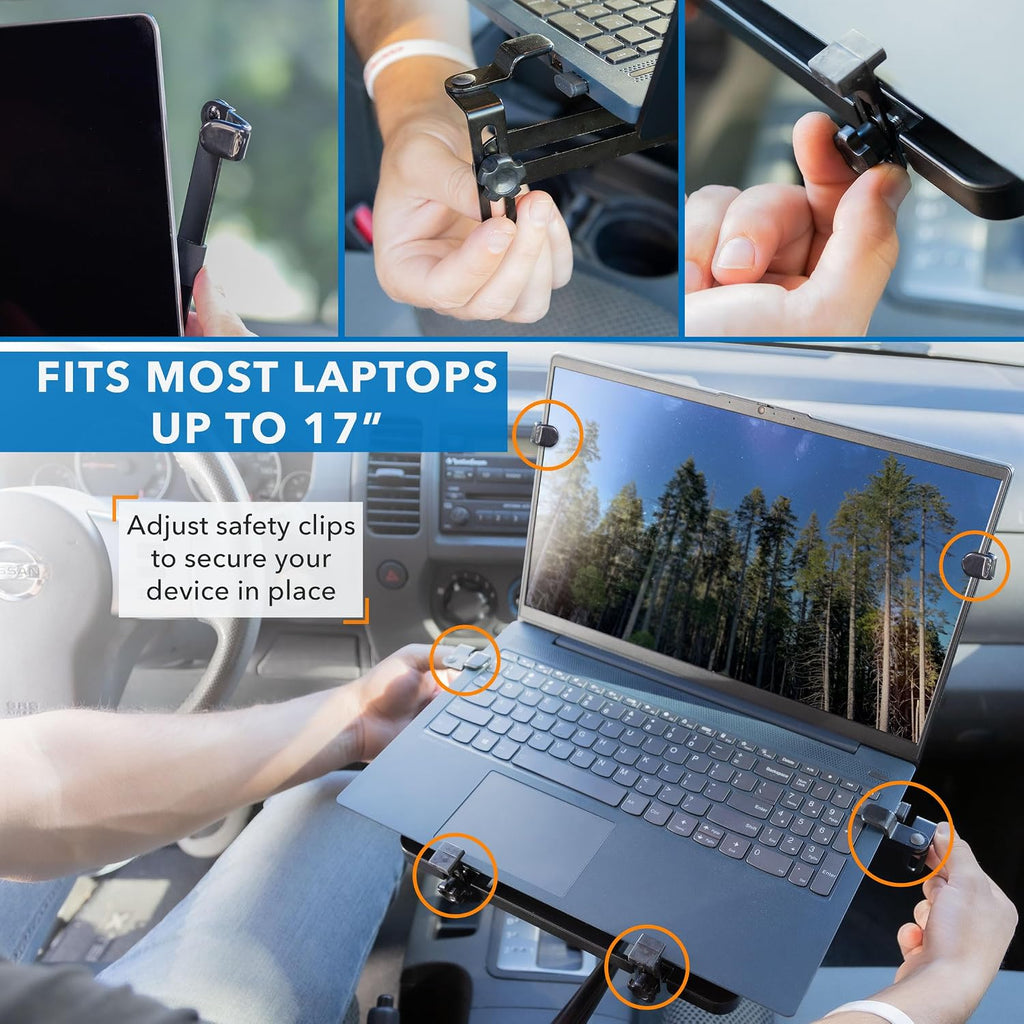 Mount-It! Car Laptop Mount, No-Drill Passenger Seat Vehicle Stand for Up to 17″ Laptops & Tablets, Full Motion with Lockable Joints & USB Cooling Fan