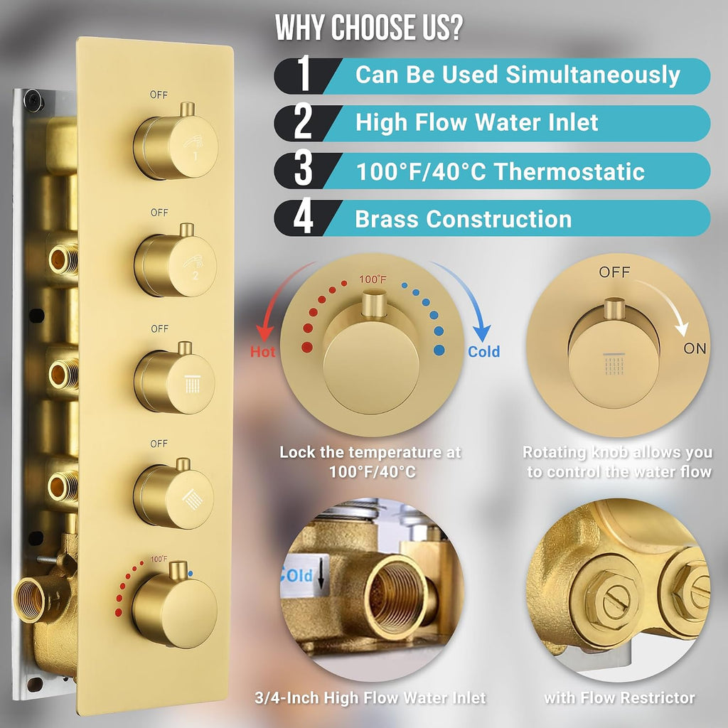 Luxury Dual-Zone Rain & Waterfall Shower Head for 2-Person, Brushed Gold Thermostatic Shower System with 32-Inch Flush Mount Shower, Full body Shower Faucet Set with Handheld Sprayer & 6 Jets