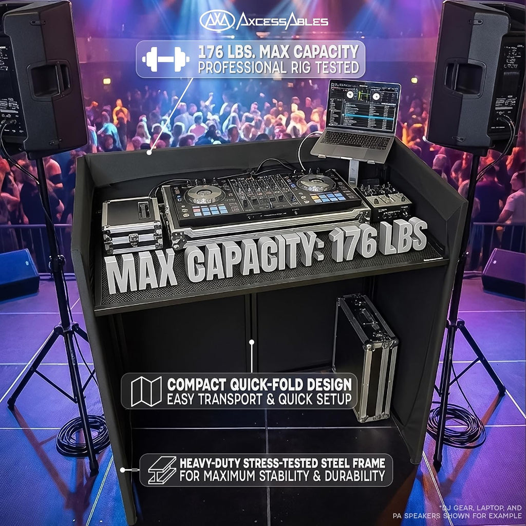 AxcessAbles Portable DJ Facade Booth with Carry Case – 40' x 20' Tabletop, Steel Frame, and Black & White Scrims | White DJ Table | Event Booth (ES-01XBW)