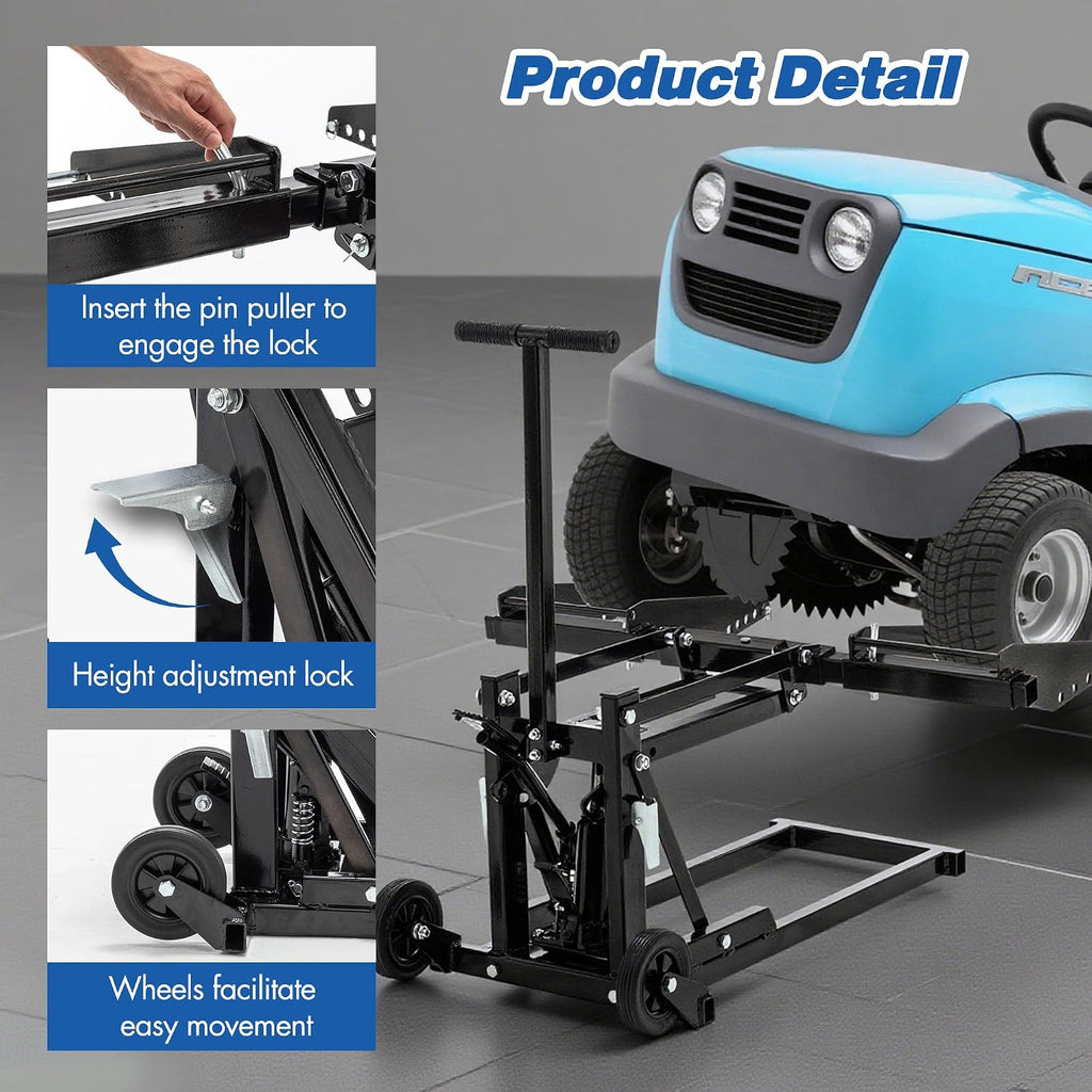 Heavy Duty Lawn Mower Lifts for Riding Tractors, Lawn Mower Jack Lift Zero Turn with Adjustable Hight Lock, Lawn Tractor Lifts & Zero Turn Lift with Wheels/Handle, Foot-Operated, 550 LBS Capacity