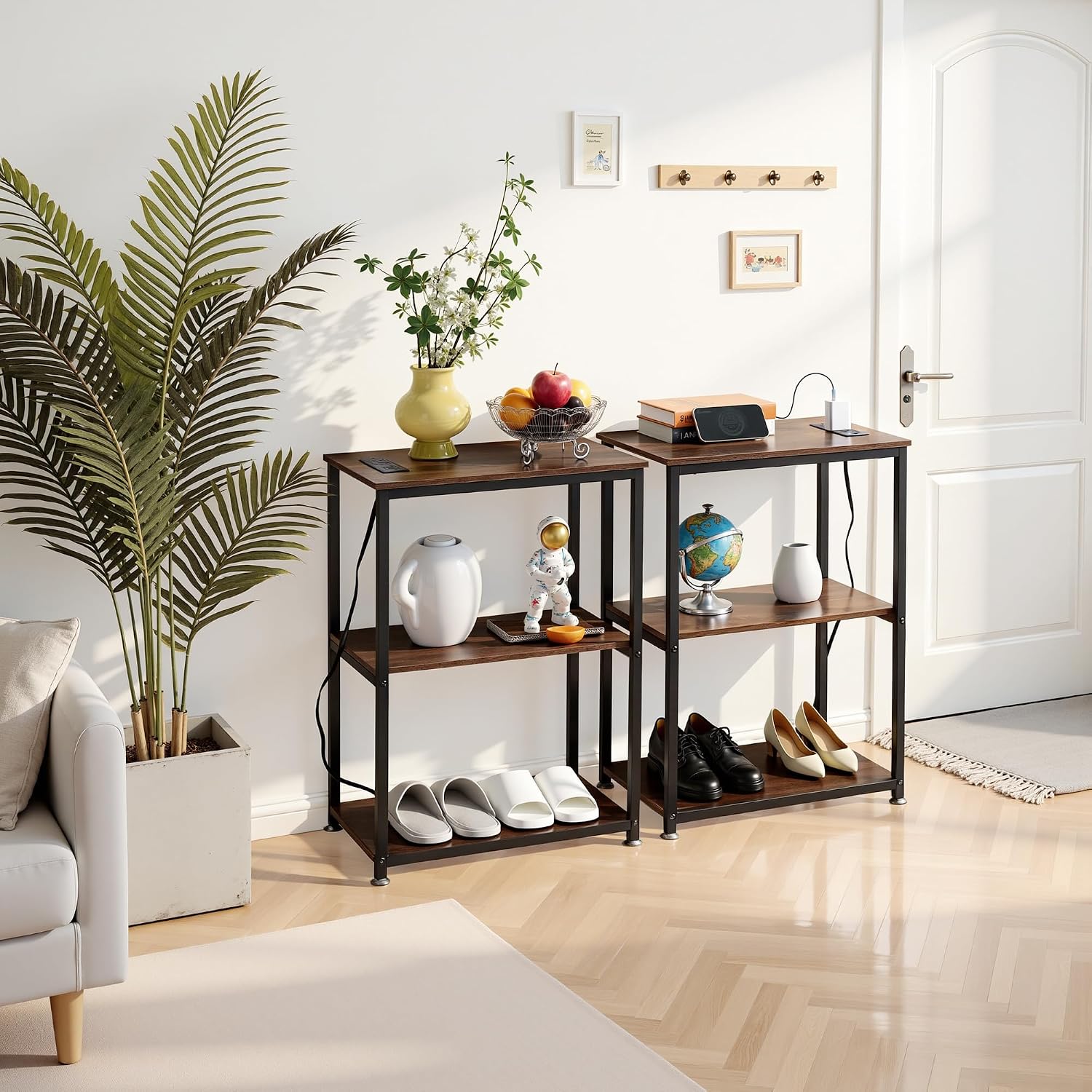 VECELO Tall End Table with Charging Station, Side Table with USB Ports and Outlets, 30' Height Nightstand with 3-Tier Storage Shelf for Living Room Bedroom Office Hallway Study