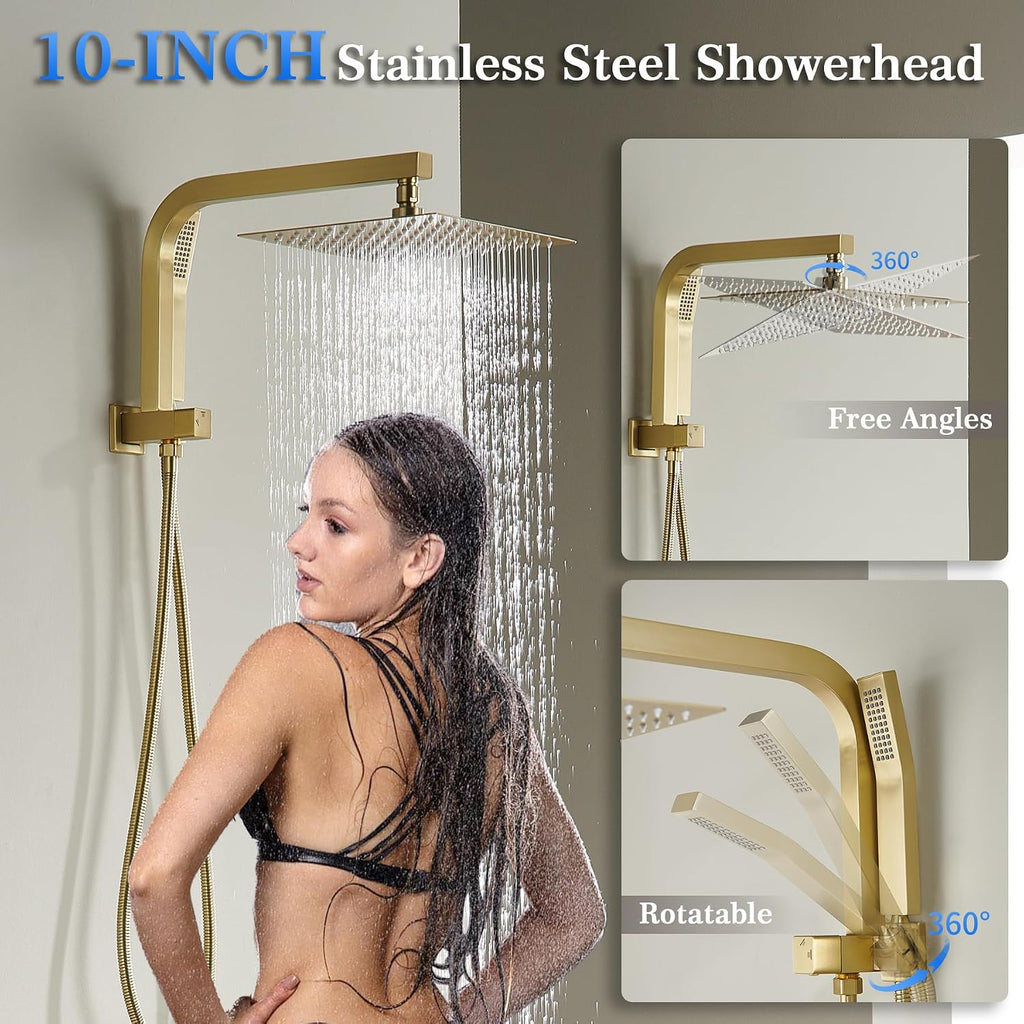 Brushed Gold Shower System with 10Inch Rain Shower Heads with Handheld Spray Combo, Gold Shower Faucet Set with Rain Shower and Handheld, Gold Shower Head and Handle Set(Shower Valve Kit Included)