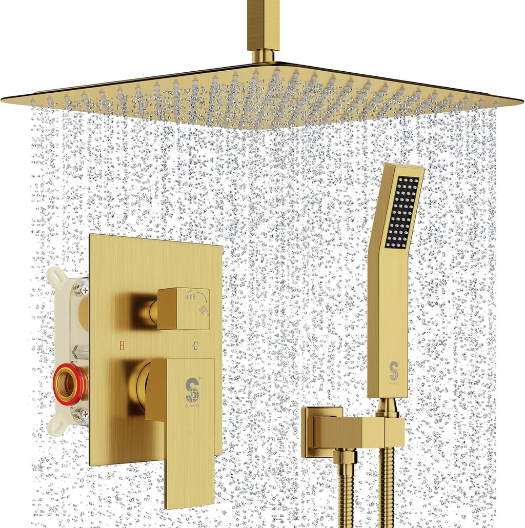SR SUN RISE 16 Inch Ceiling Mounted Shower System Rain Mixer Shower Combo Set Rainfall Shower Head System Brushed Gold Shower Faucet Rough-in Valve Body and Trim Included