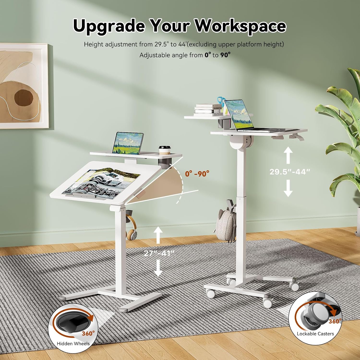 24Inch Rolling Standing Desk On Wheels， Mobile Laptop Stand with Tiltable Desktop， Smaller Computer Workstation Adjustable Height， 2-Tier Portable Study Table with Storage Shelves， White