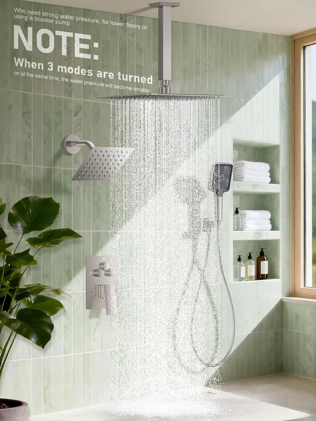 Woindo Shower Faucet Set, 10' Ceiling Mount Rainfall Shower System with 2 Rain Shower Head and Multi-function Handheld Head Push Button Diverter Shower Faucet Trim Kit