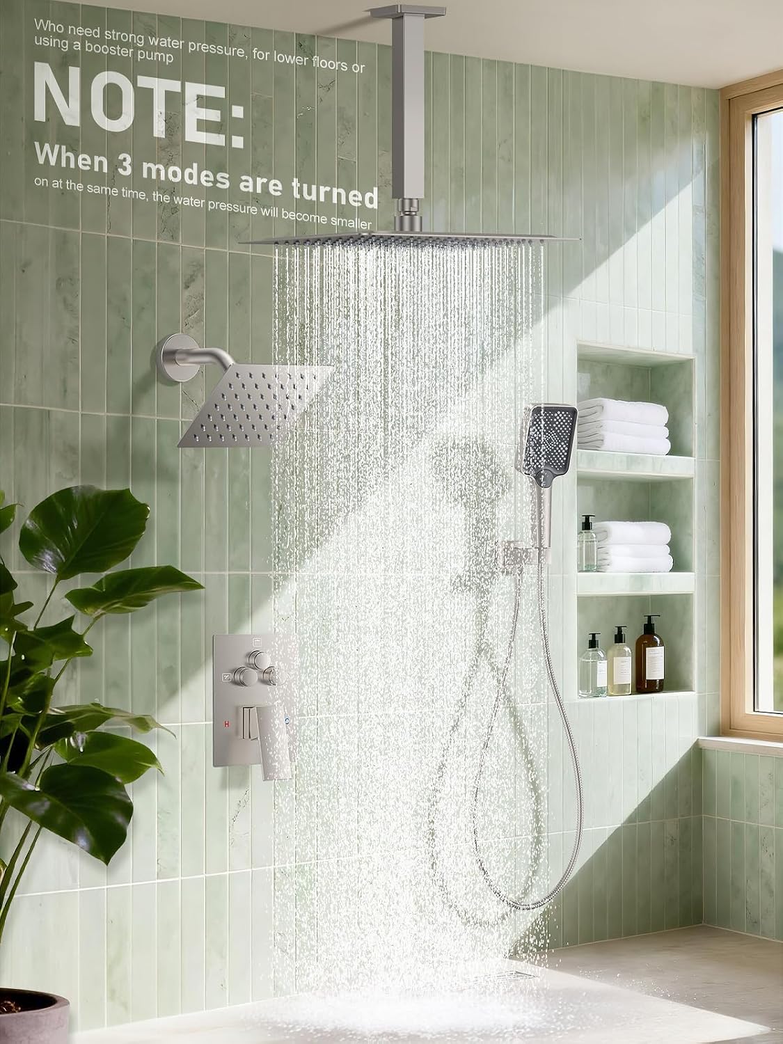 Woindo Shower Faucet Set, 10' Ceiling Mount Rainfall Shower System with 2 Rain Shower Head and Multi-function Handheld Head Push Button Diverter Shower Faucet Trim Kit